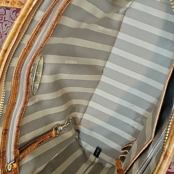 Brahmin Mini Asher Whiskey Stripe Raffia Tan and Cream Leather Tote Bag - Picture 10 of 14